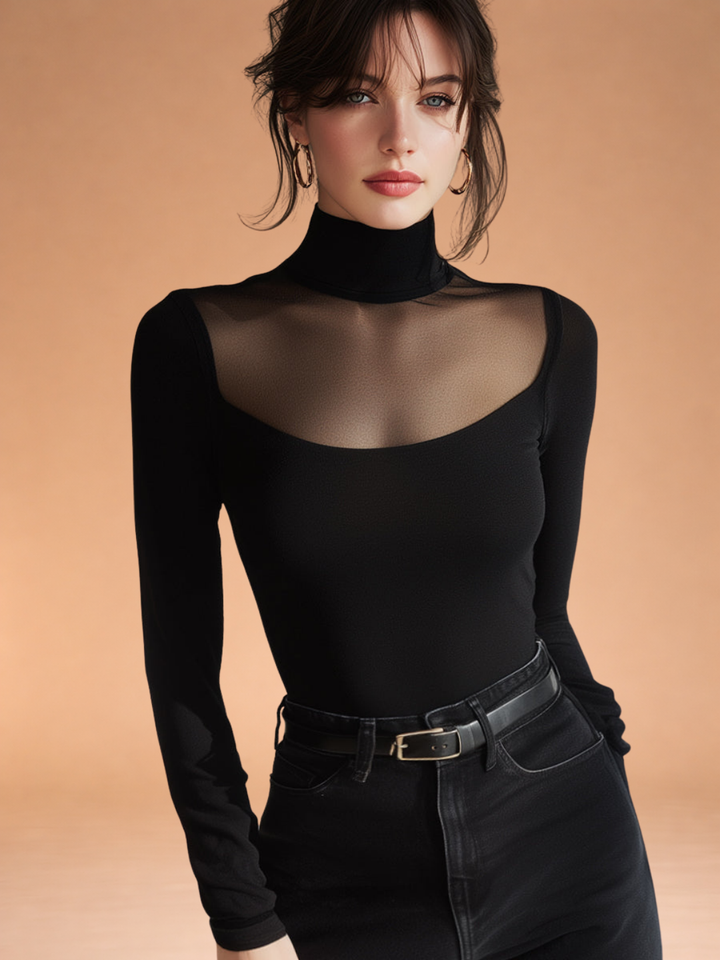Sheer-Yoke Turtleneck Long-Sleeve Top