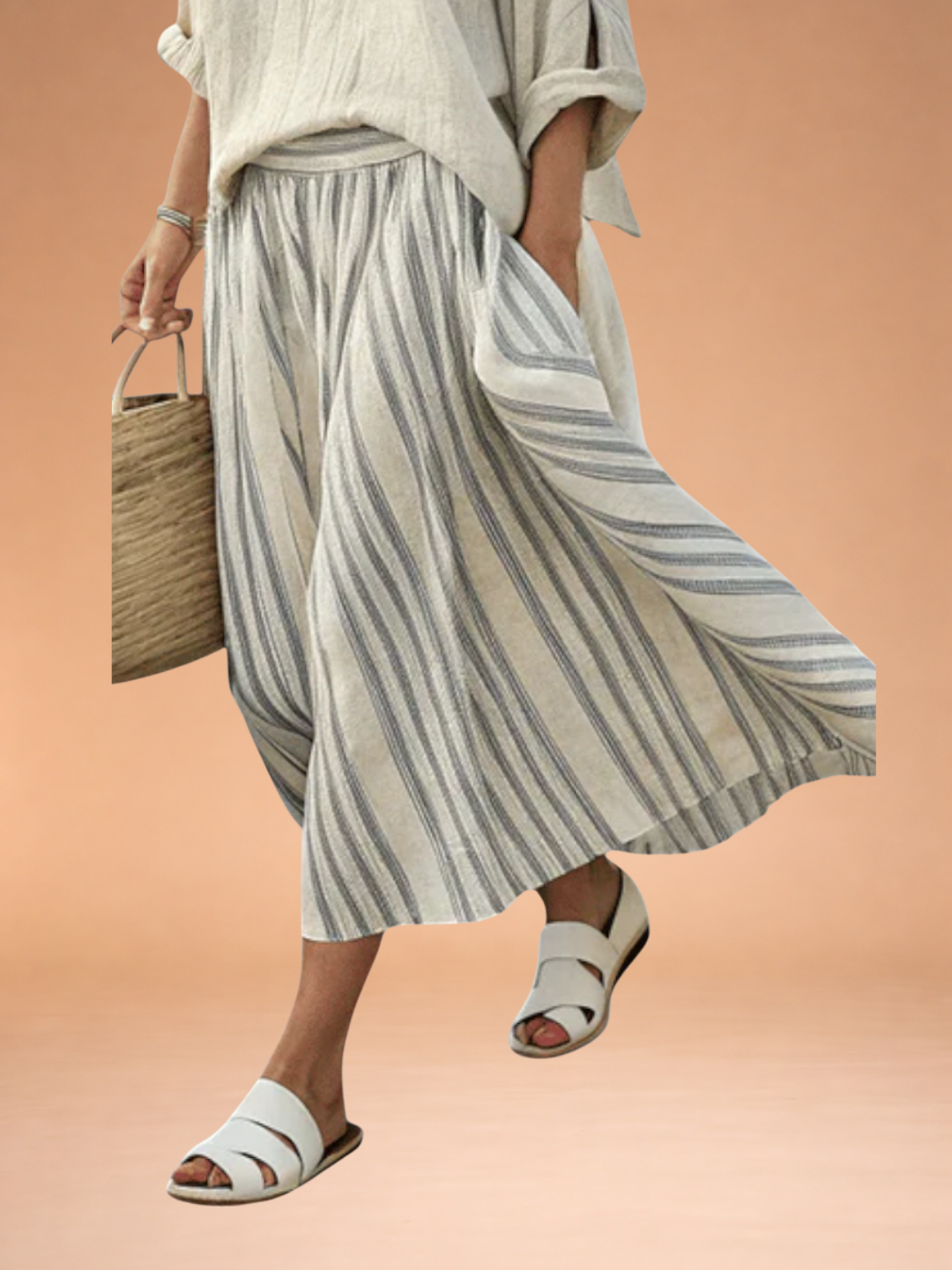 Aurcyn | Comfortable Loose Blouse & Striped Midi Skirt