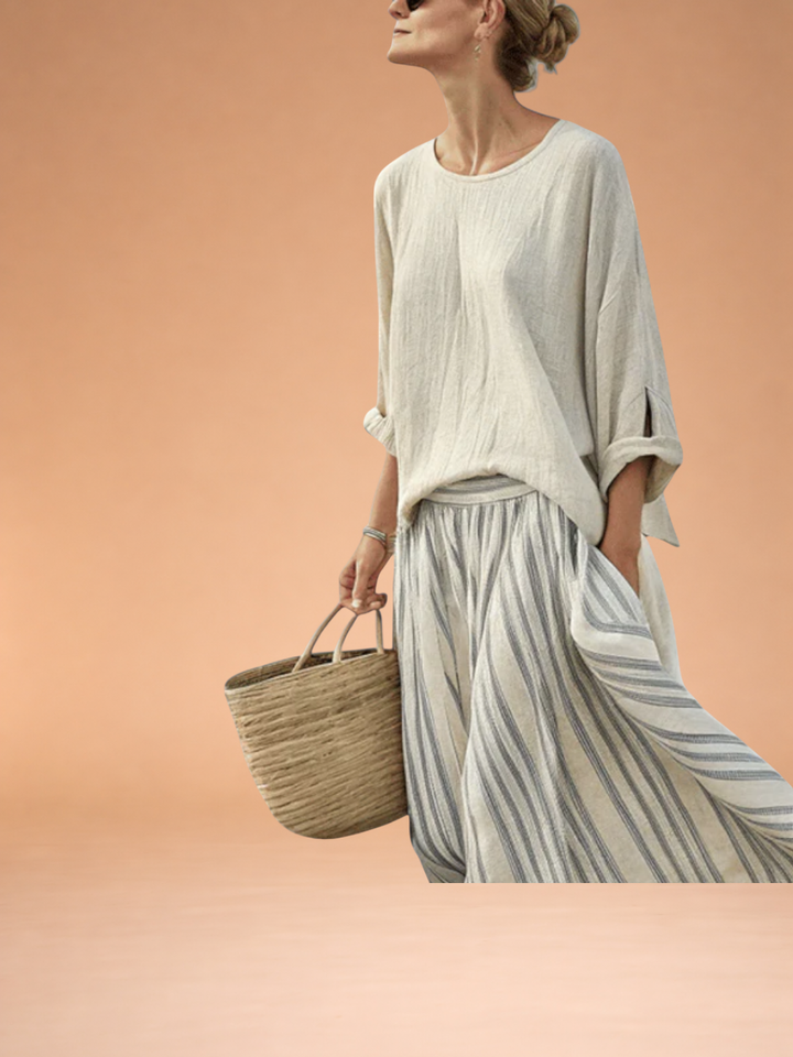 Aurcyn | Comfortable Loose Blouse & Striped Midi Skirt