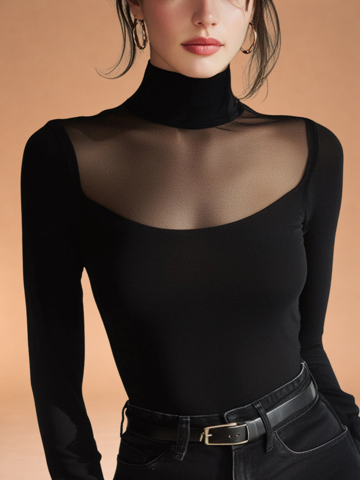 Sheer-Yoke Turtleneck Long-Sleeve Top